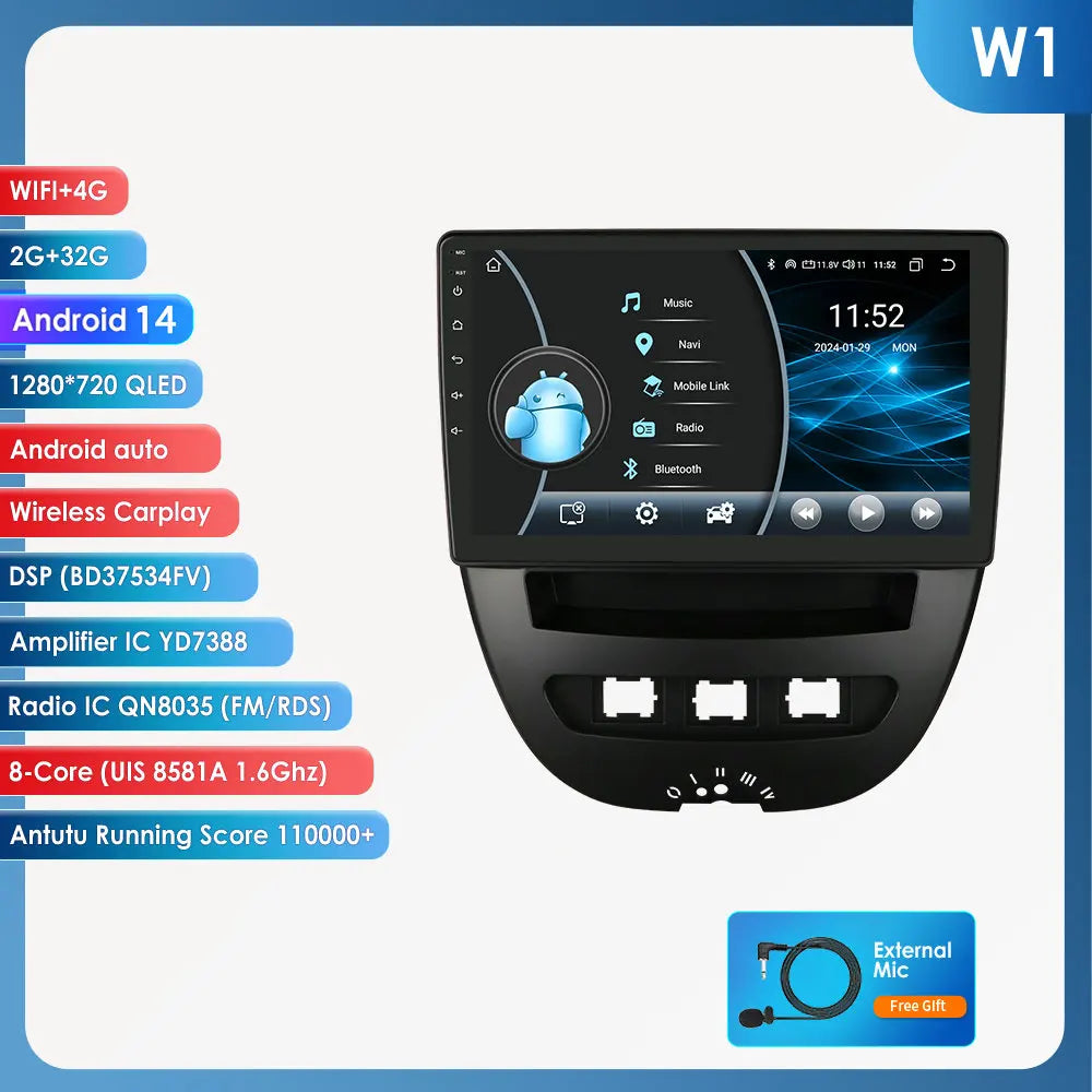 Peugeot 107 Toyota Aygo Citroen C1 9" Android 14 Carplay Android auto wireless wifi bt gps 4g AUTMH3FI
