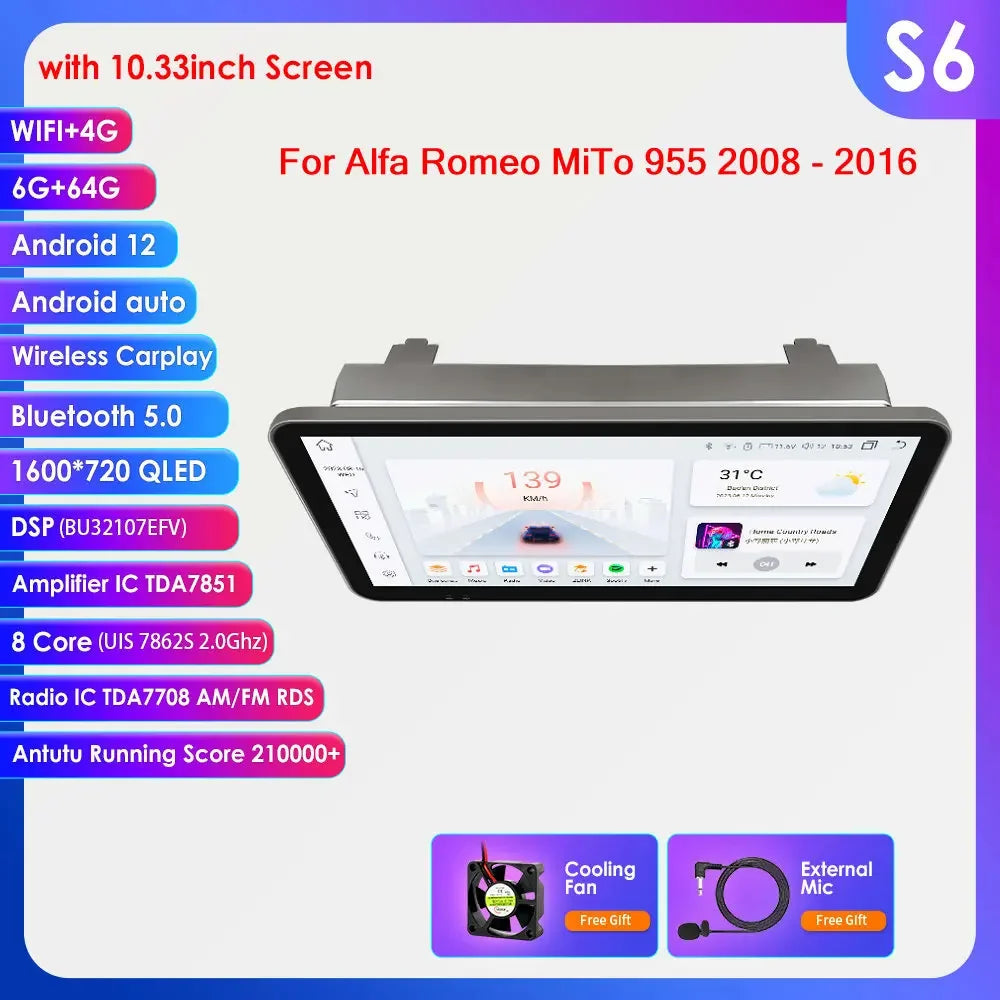 Alfa Romeo MiTo 955 2008-2016 9" Android 14 Carplay Android auto wireless wifi bt gps 4g AUTM5QGH