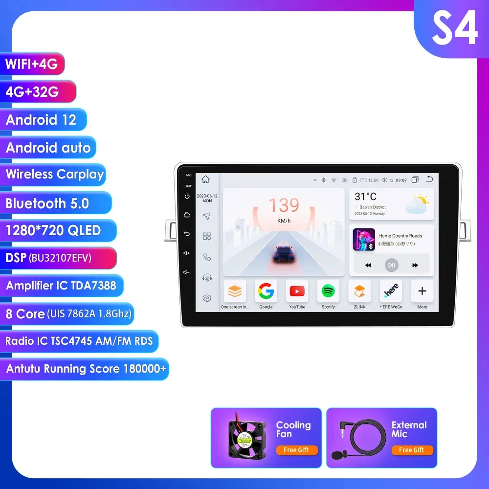 Toyota Corolla Verso 2010-2018 9" Android 14 Carplay Android auto wireless wifi bt gps 4g AUTM348A