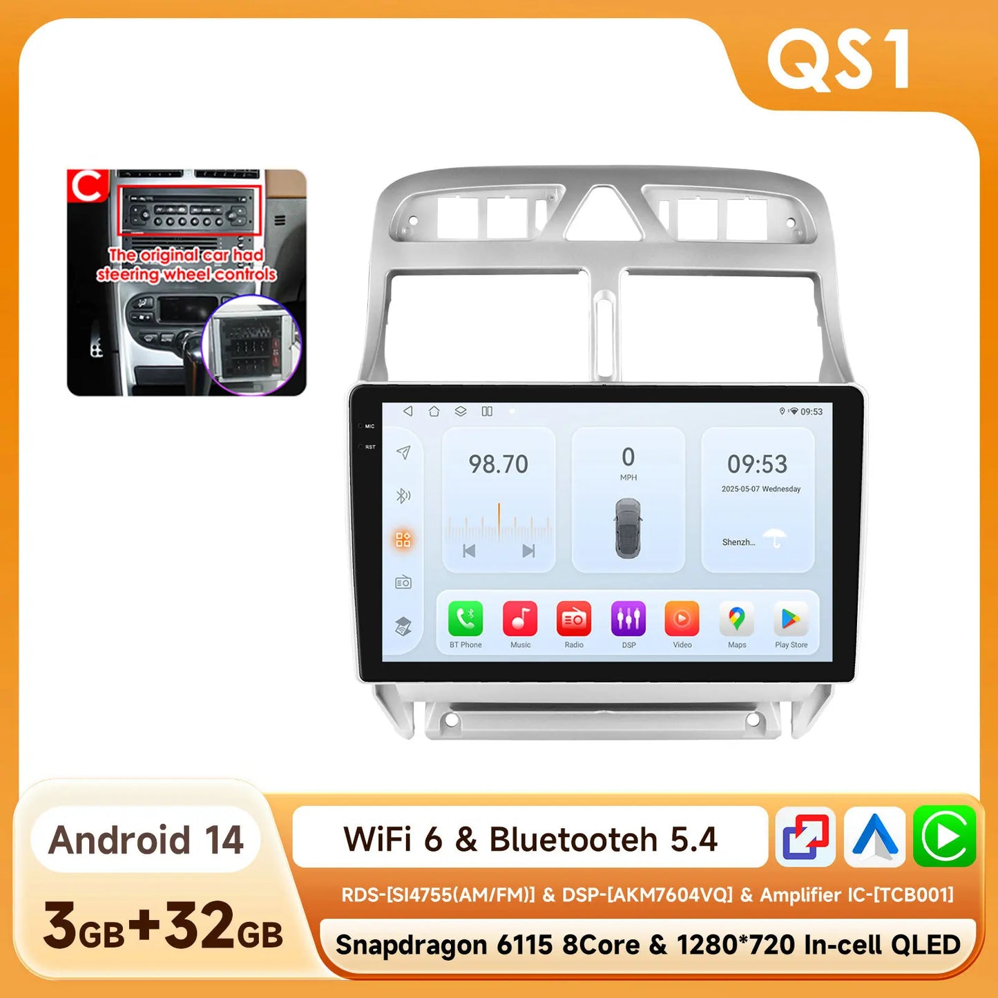 Peugeot 307 SW 307CC 307SW 2002 - 2013 9" Android 14 Carplay Android auto wireless wifi bt gps 4g AUTMRUTY