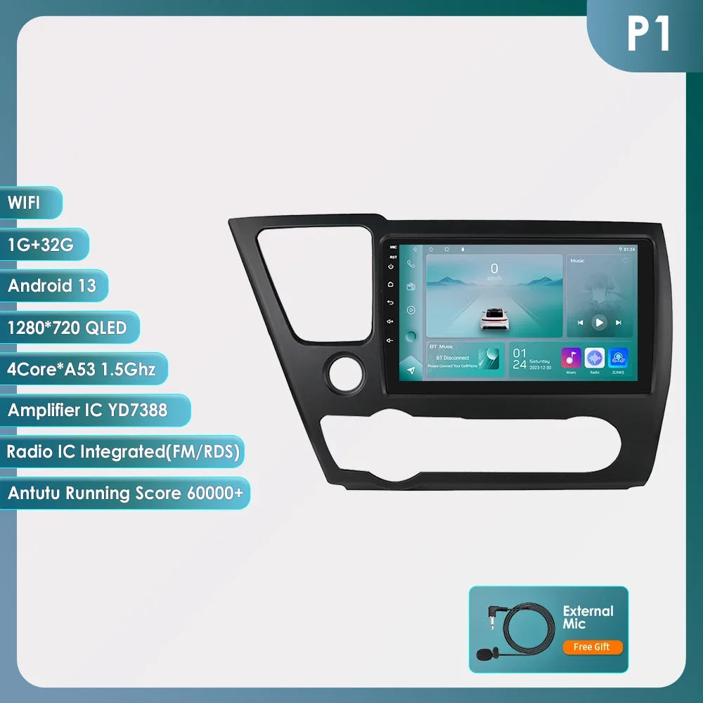 Honda Civic 2013-2016 9" Android 14 Carplay Android auto wireless wifi bt gps 4g AUTMCTVR7