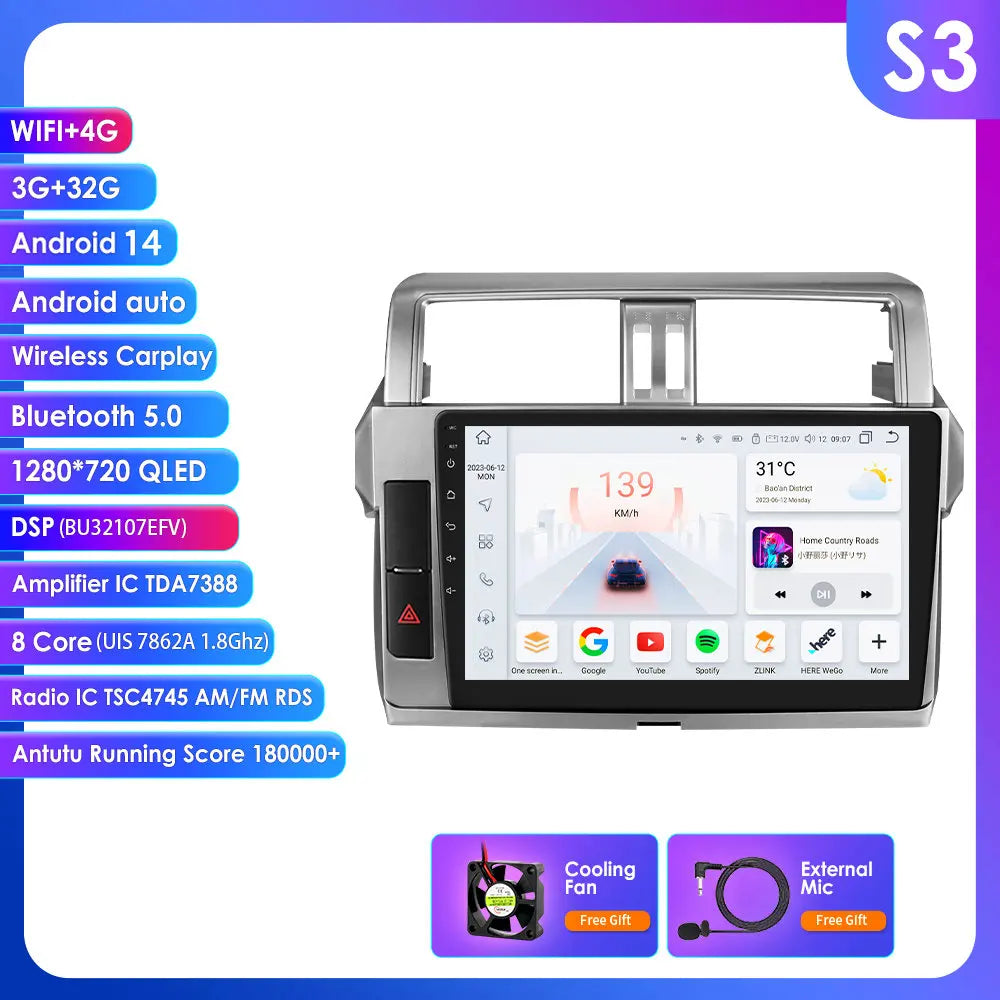 Toyota Land Cruiser Prado 150 2013 - 2017 9" Android 14 Carplay Android auto wireless wifi bt gps 4g AUTMPRCLLT