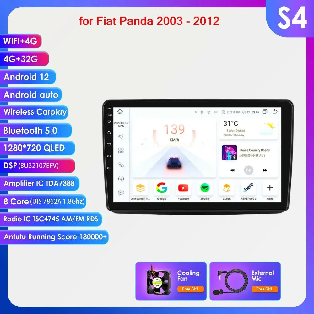 Fiat Panda 2003 - 2012 9" Android 14 Carplay Android auto wireless wifi bt gps 4g AUTMWUM9