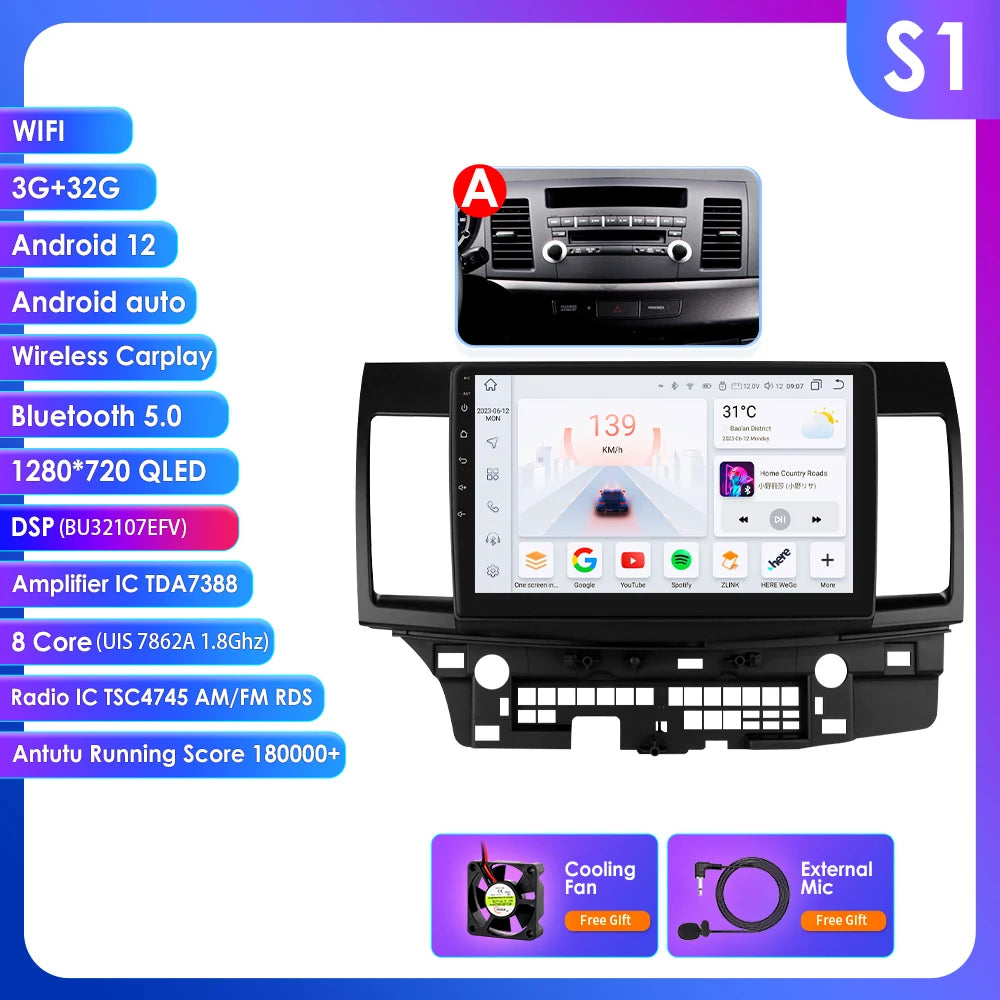 Mitsubishi Lancer 2007-2012 9" Android 14 Carplay Android auto wireless wifi bt gps 4g AUTMLCRMT