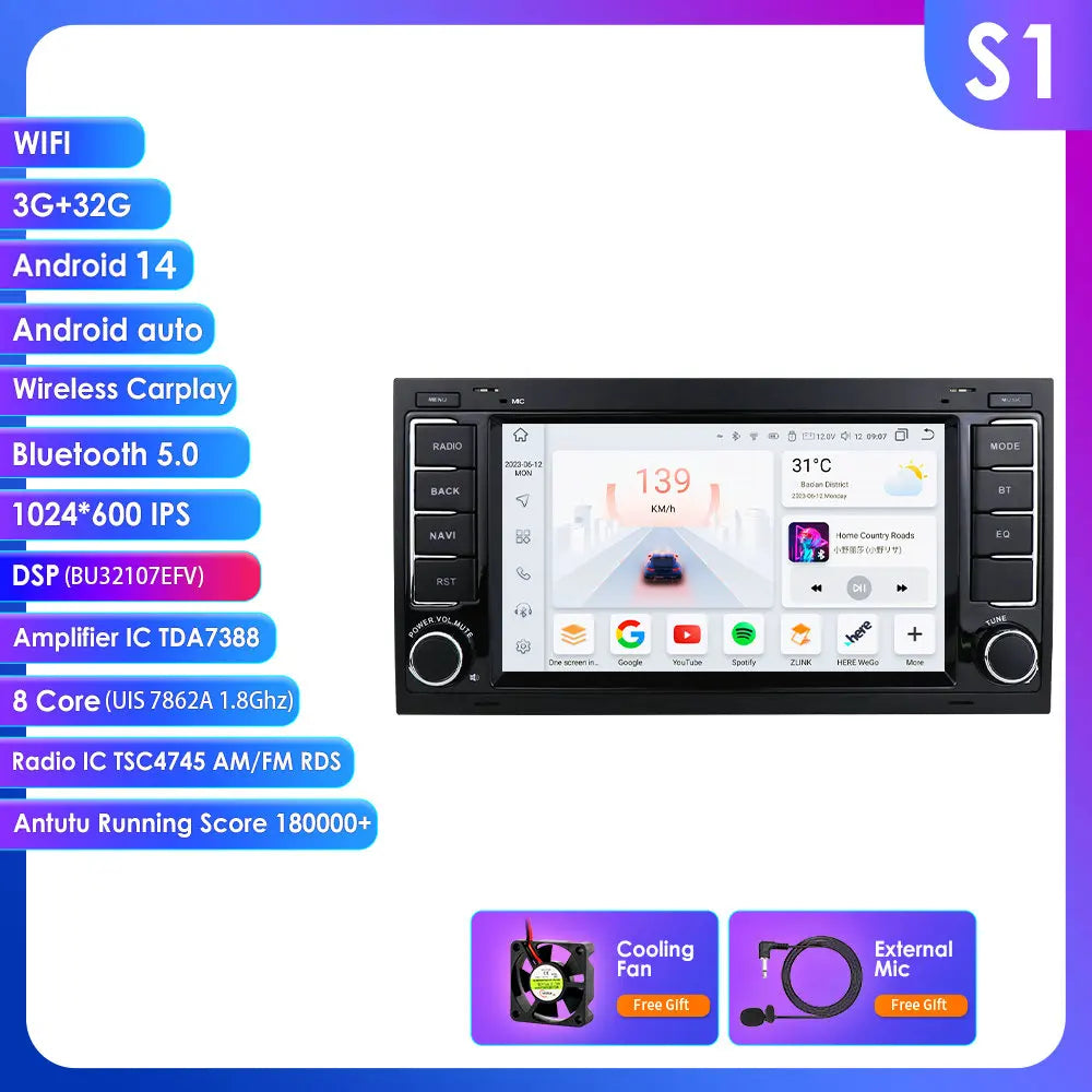 Volkswagen Transporter Touareg 2004-2009 7" Android 14 Carplay Android auto wireless wifi bt gps 4g AUTMZWMR