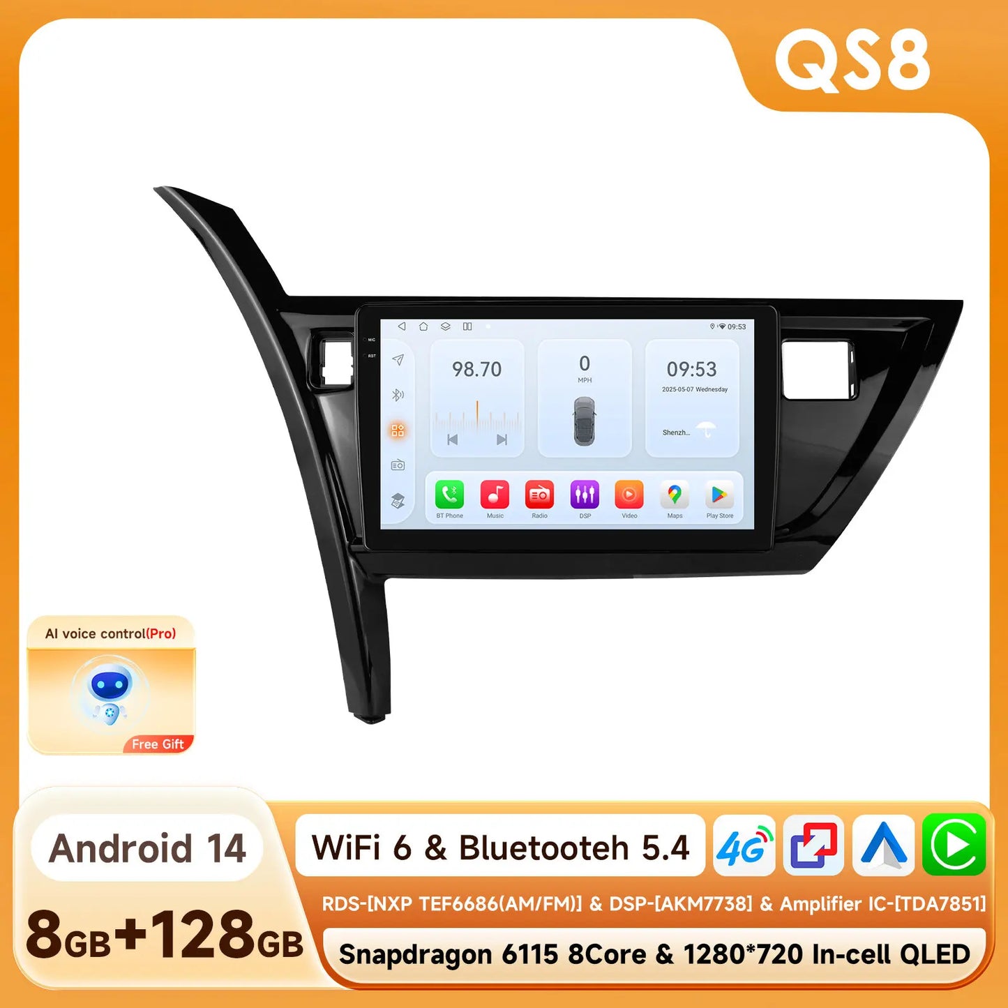 Toyota Auris Corolla 2013-2016 9" Android 14 Carplay Android auto wireless wifi bt gps 4g AUTMRSRTD