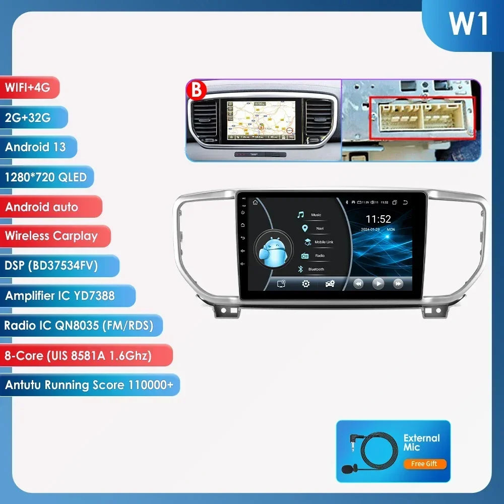 KIA Sportage 4 2016 -2021 9" Android 14 Carplay Android auto wireless wifi bt gps 4g AUTMO3SQ