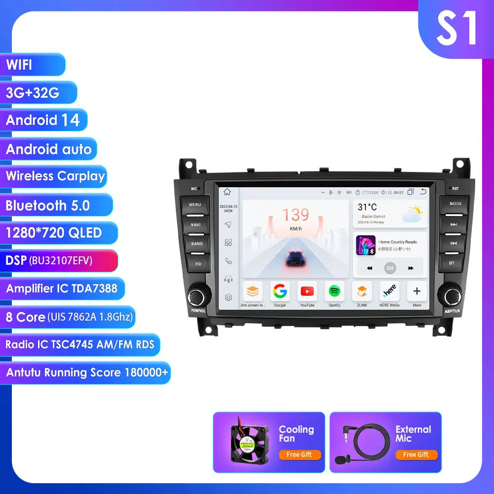 Mercedes Benz C-Class W203/CLC W203 CLK W209 9" Android 14 Carplay Android auto wireless wifi bt gps 4g AUTMENK8