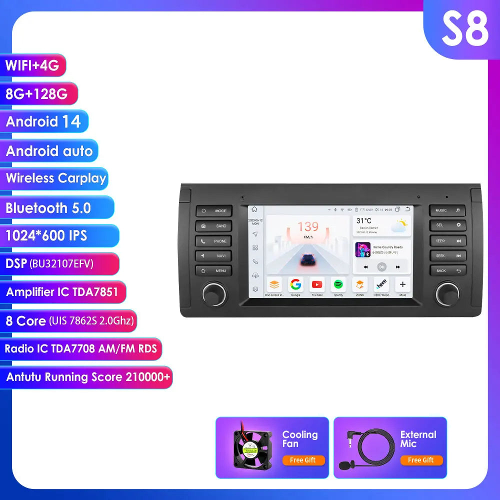 BMW 5 Series E39 X5 E53 M5 1996-2003 9" Android 14 Carplay Android auto wireless wifi bt gps 4g AUTMK1HA