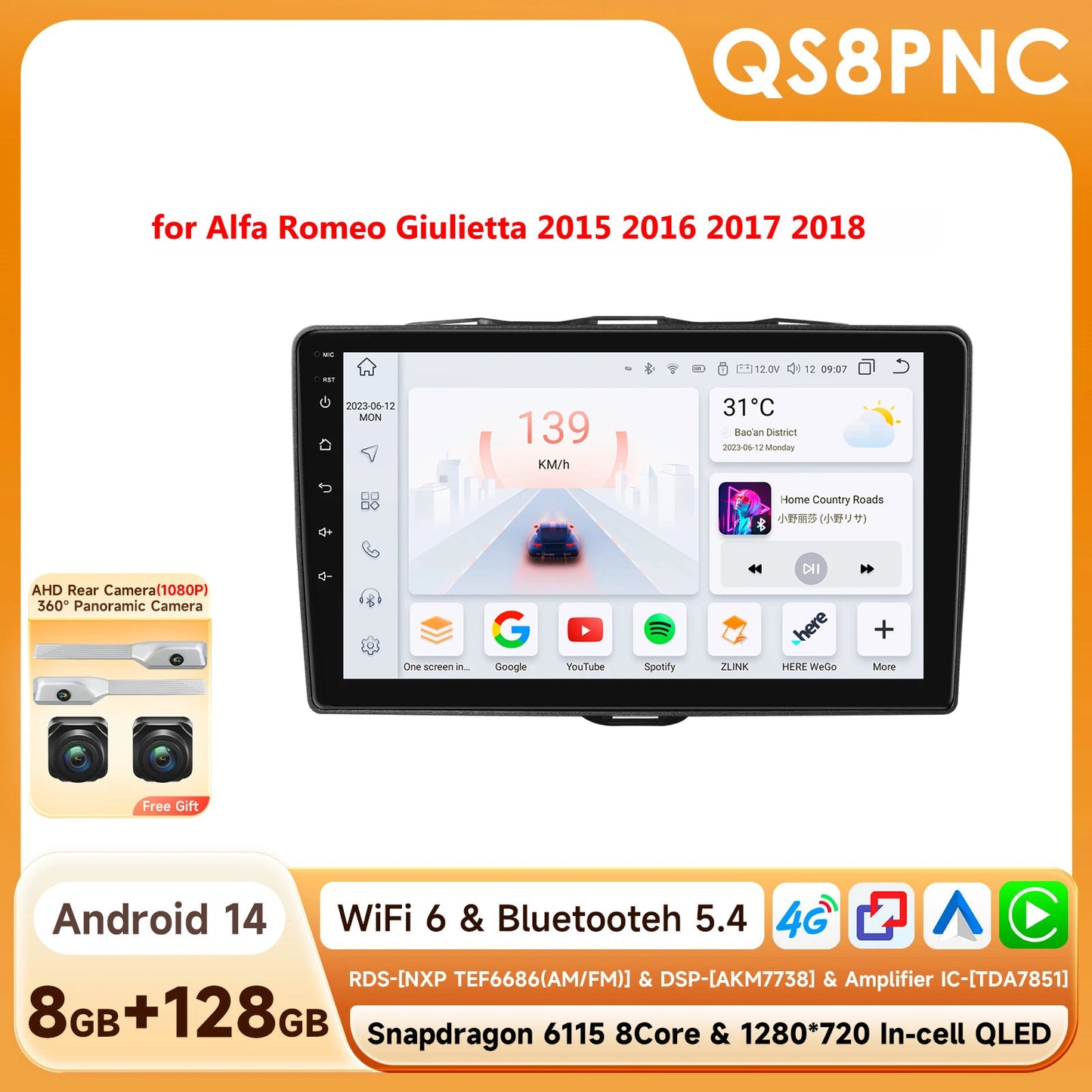 Alfa Romeo Giulietta 2010-2018 9" Android 14 Carplay Android auto wireless wifi bt gps 4g AUTMPK52