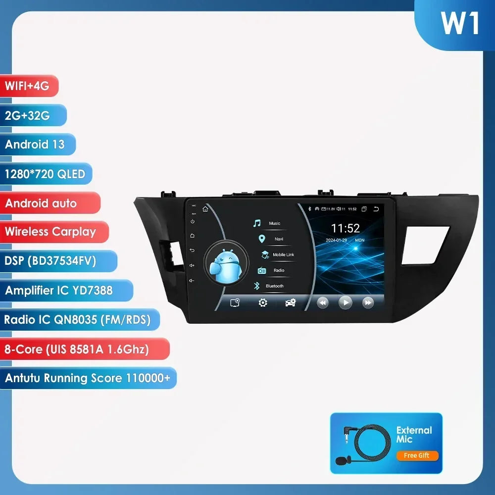 Toyota Corolla 2014-2016 9" Android 14 Carplay Android auto wireless wifi bt gps 4g AUTMCOPZT