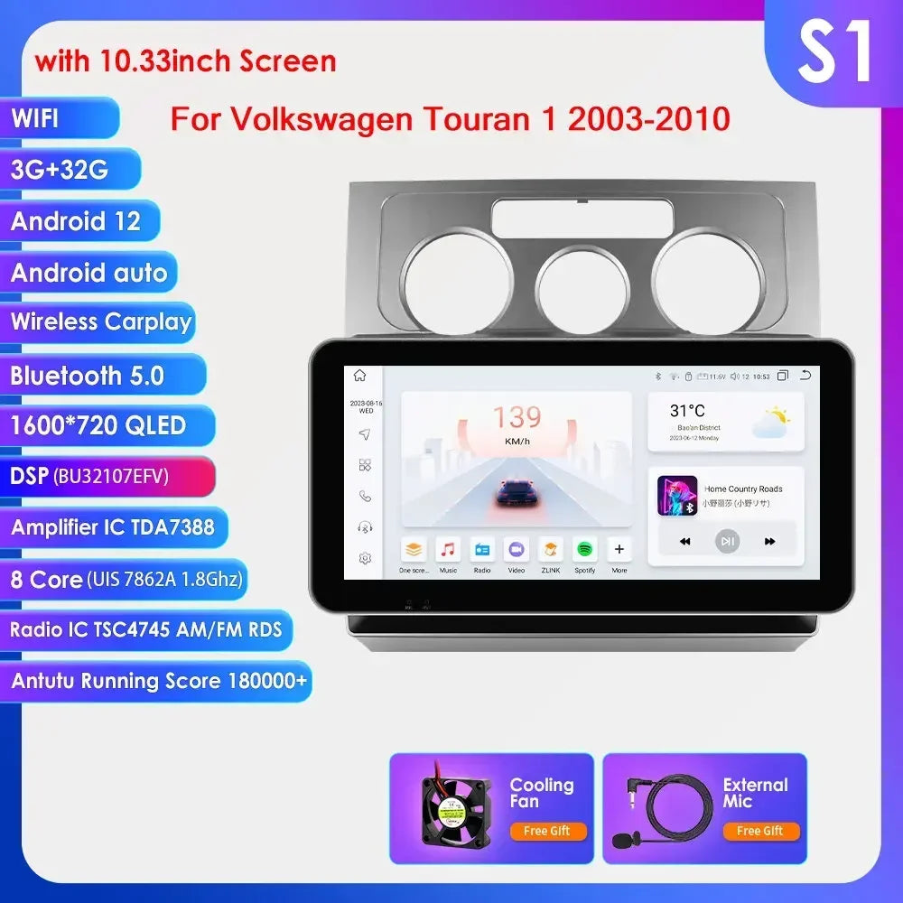 Volkswagen Touran 1 2003-2010 9" / 10,33" Android 14 Carplay Android auto wireless wifi bt gps 4g AUTMN784