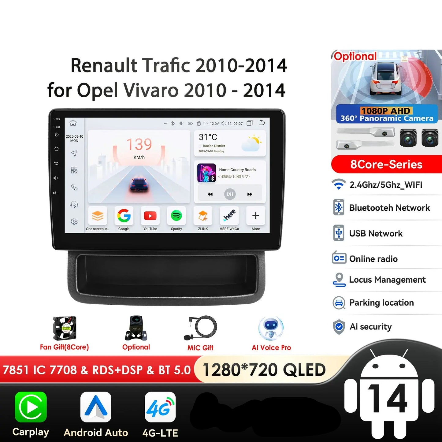 Renault Trafic Opel Vivaro 2010 - 2014 9" Android 14 Carplay Android auto wireless wifi bt gps 4g AUTMQFMG