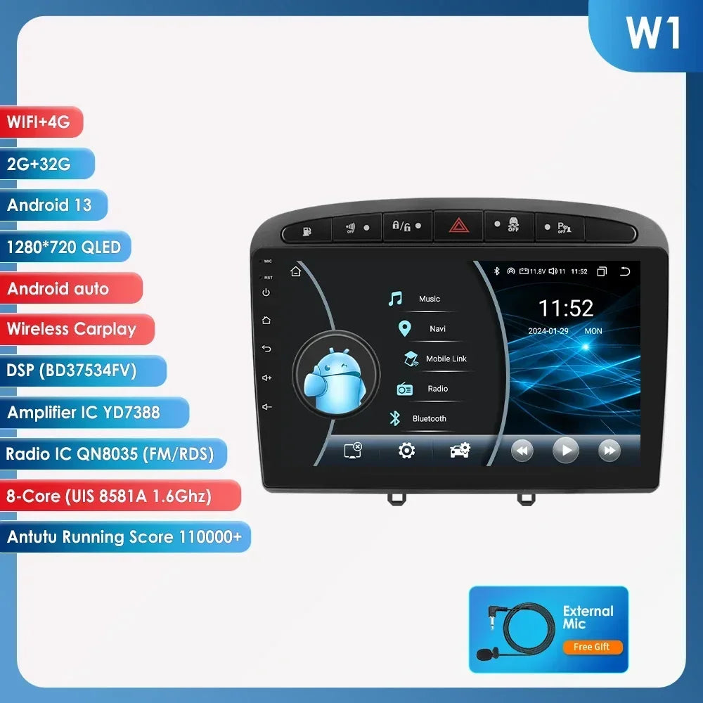 Peugeot 308 308SW Peugeot 9" Android 14 Carplay Android auto wireless wifi bt gps 4g AUTMAJNZ