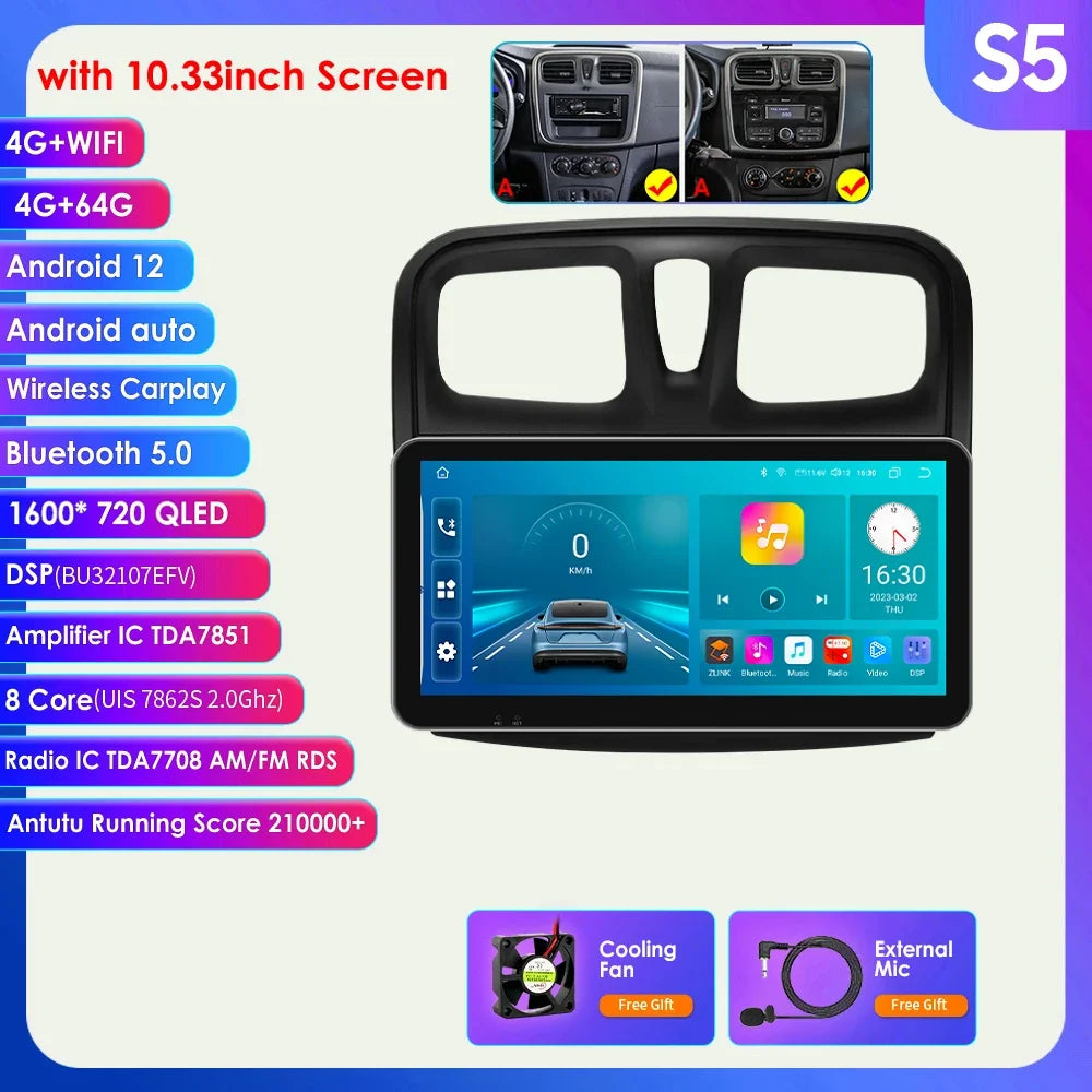 Dacia Logan 2 II Sandero 2 2012-2019 9" Android 14 Carplay Android auto wireless wifi bt gps 4g AUTMH2D9