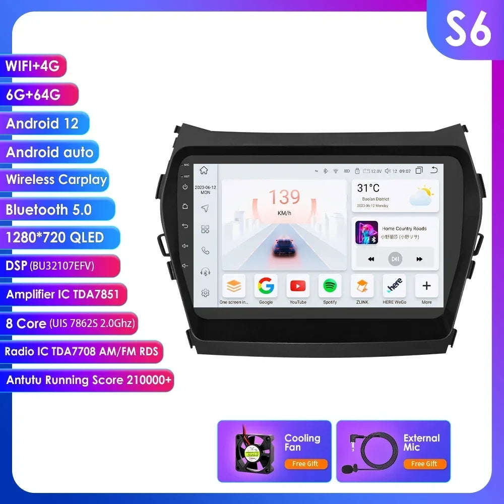 Hyundai Santa Fe 3 2013-2017 IX45 9" / 10,33" Android 14 Carplay Android auto wireless wifi bt gps 4g AUTM1AC6