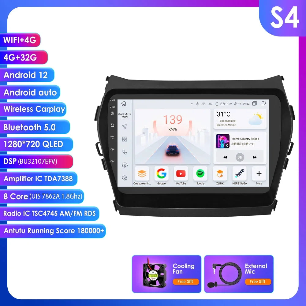 Hyundai Santa Fe 3 2013-2017 IX45 9" / 10,33" Android 14 Carplay Android auto wireless wifi bt gps 4g AUTM1AC6