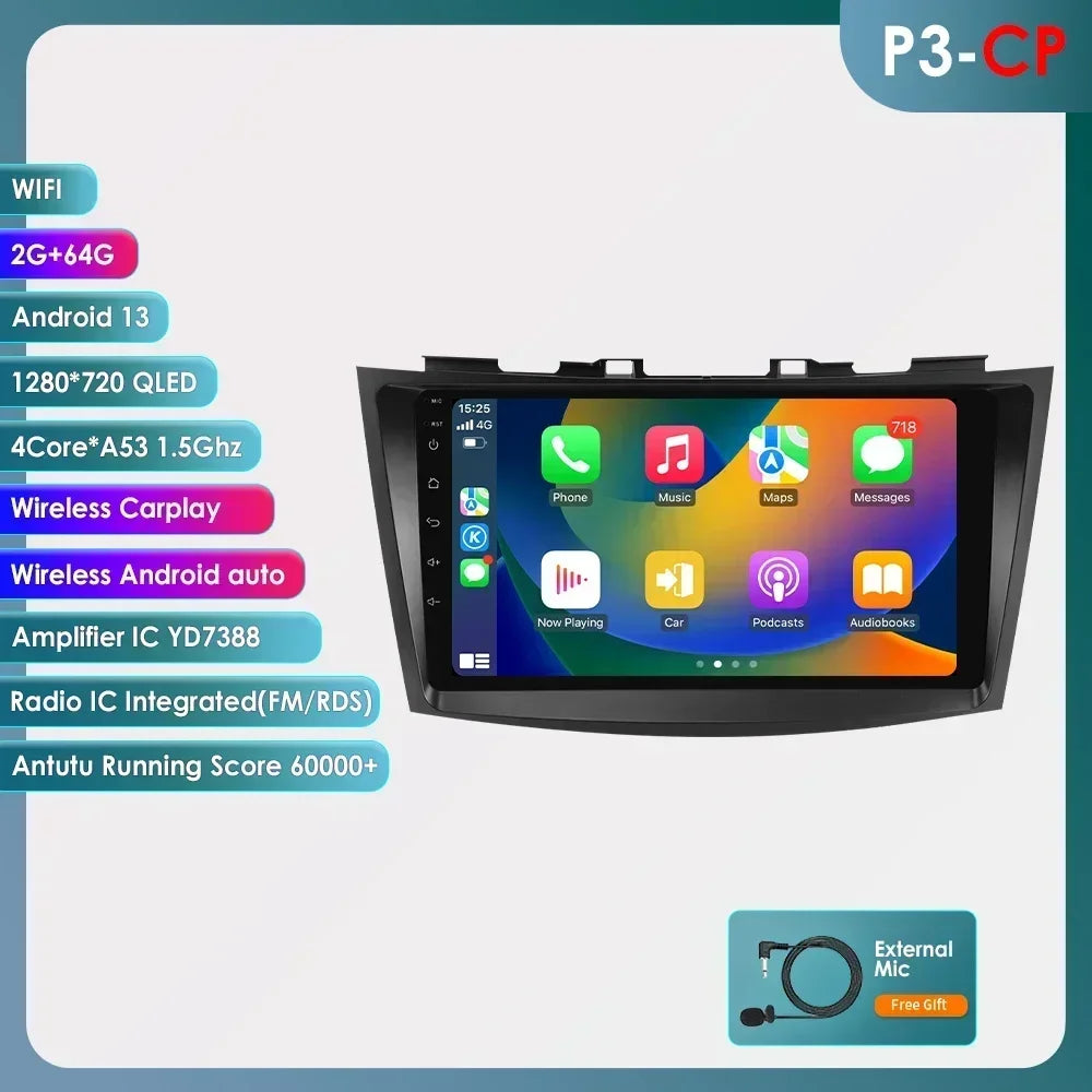 Suzuki Swift 4 2011-2015 9" Android 14 Carplay Android auto wireless wifi bt gps 4g AUTMSCNB