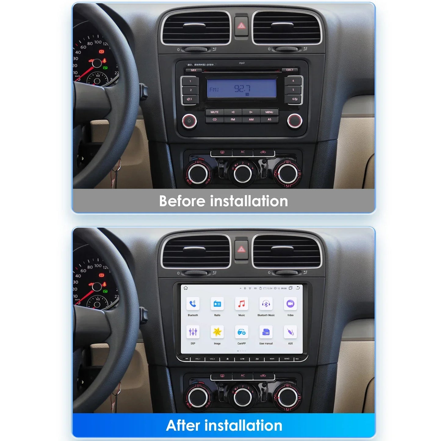 VW/Volkswagen/Golf/Passat/b7/b6/Skoda/Seat/Octavia/Polo/Tiguan 9" Android 14 Carplay Android auto wireless wifi bt gps 4g AUTMZN4F