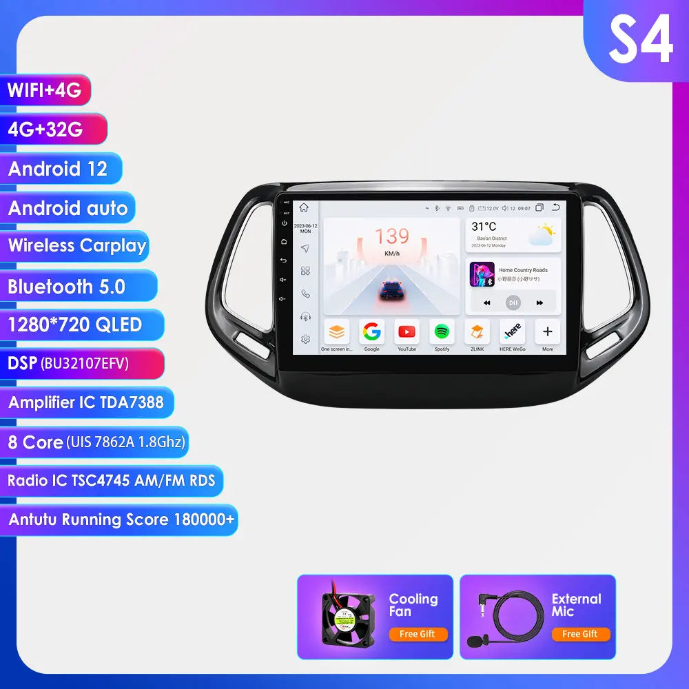 Jeep Compass 2017 -2020 10" Android 14 Carplay Android auto wireless wifi bt gps 4g AUTM4RUA