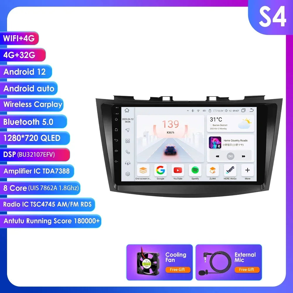 Suzuki Swift 4 2011-2015 9" Android 14 Carplay Android auto wireless wifi bt gps 4g AUTMSCNB