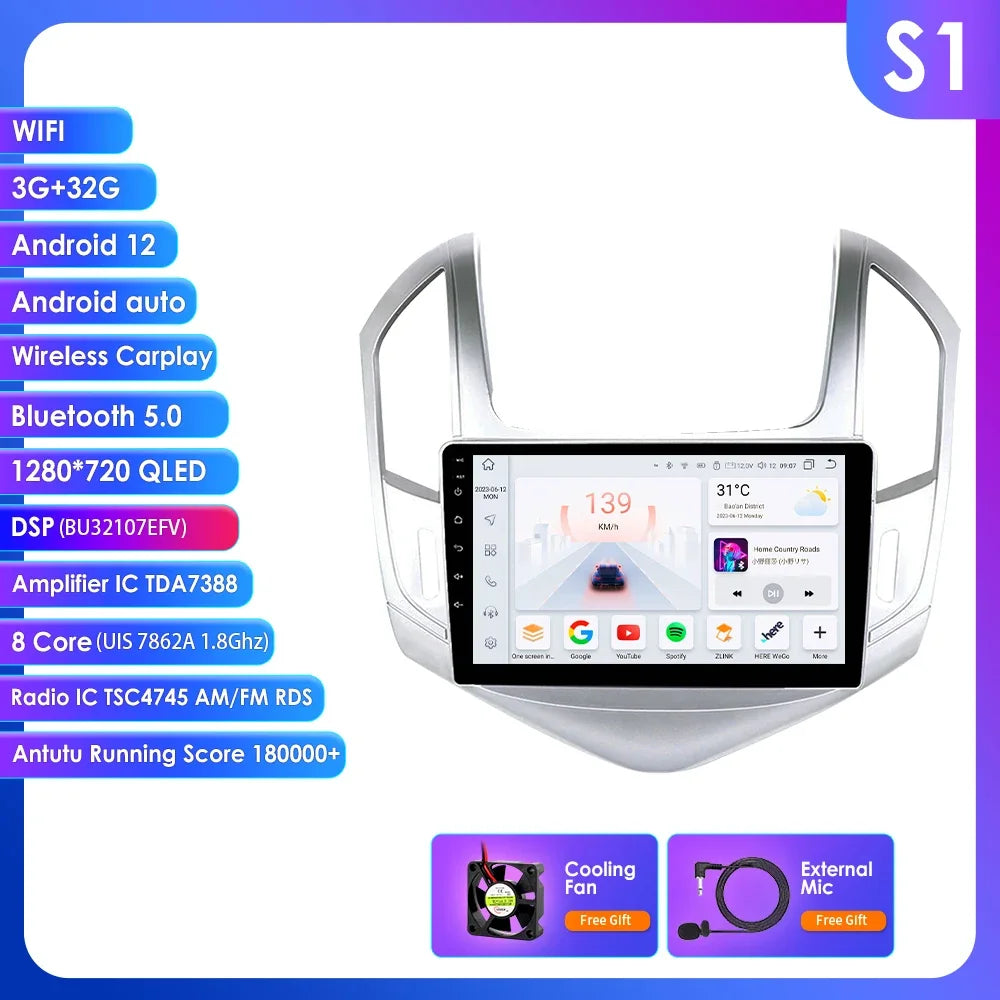 Chevrolet Cruze J300 J308 2012-2015 9" Android 14 Carplay Android auto wireless wifi bt gps 4g AUTMSCX3