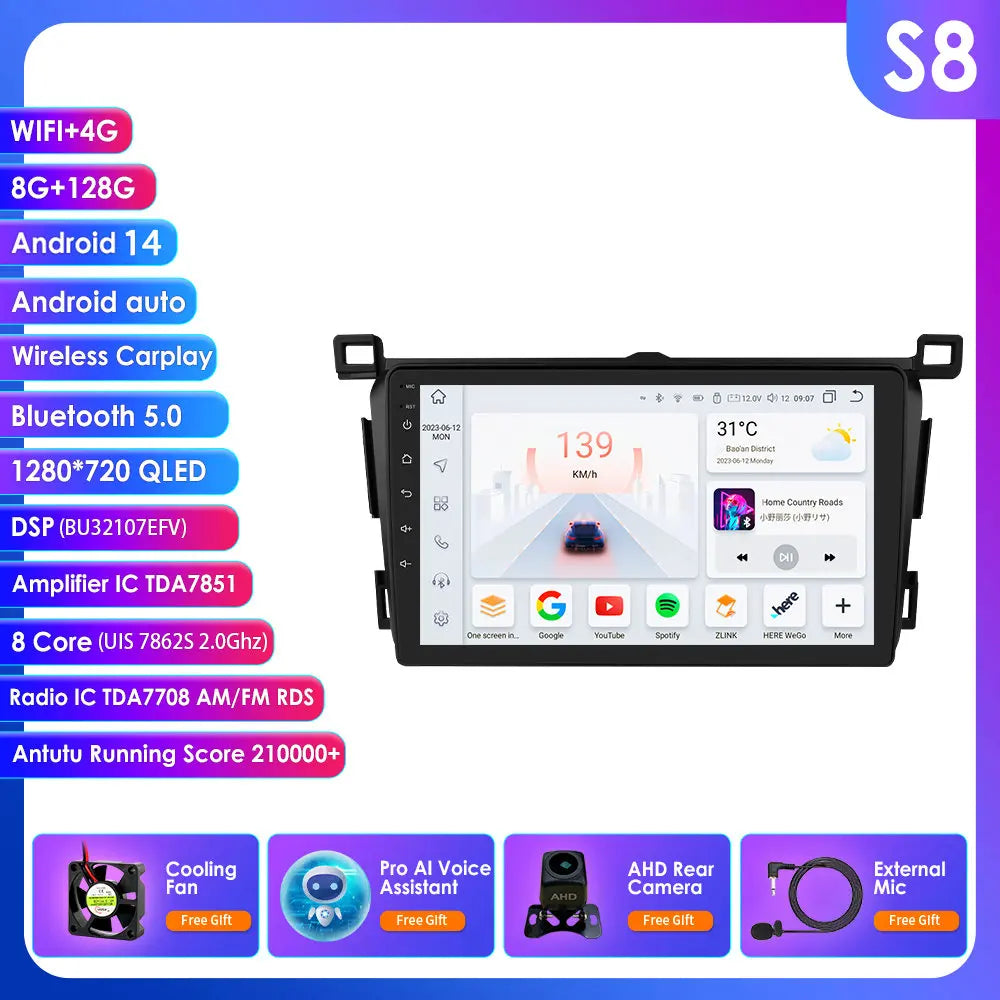 Toyota RAV4 Rav 4 2013-2018 9" Android 14 Carplay Android auto wireless wifi bt gps 4g AUTM4VARTY