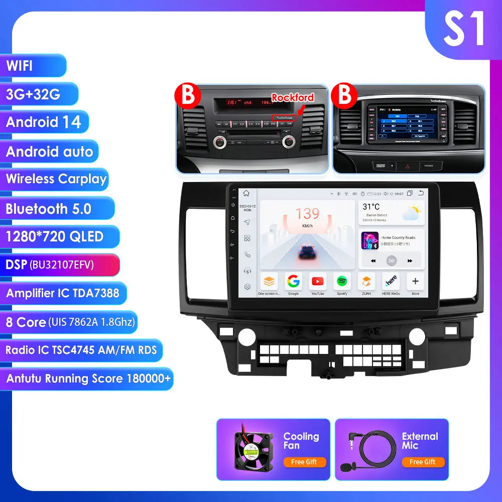 Mitsubishi Lancer 2007-2012 9" Android 14 Carplay Android auto wireless wifi bt gps 4g AUTMLCRMT