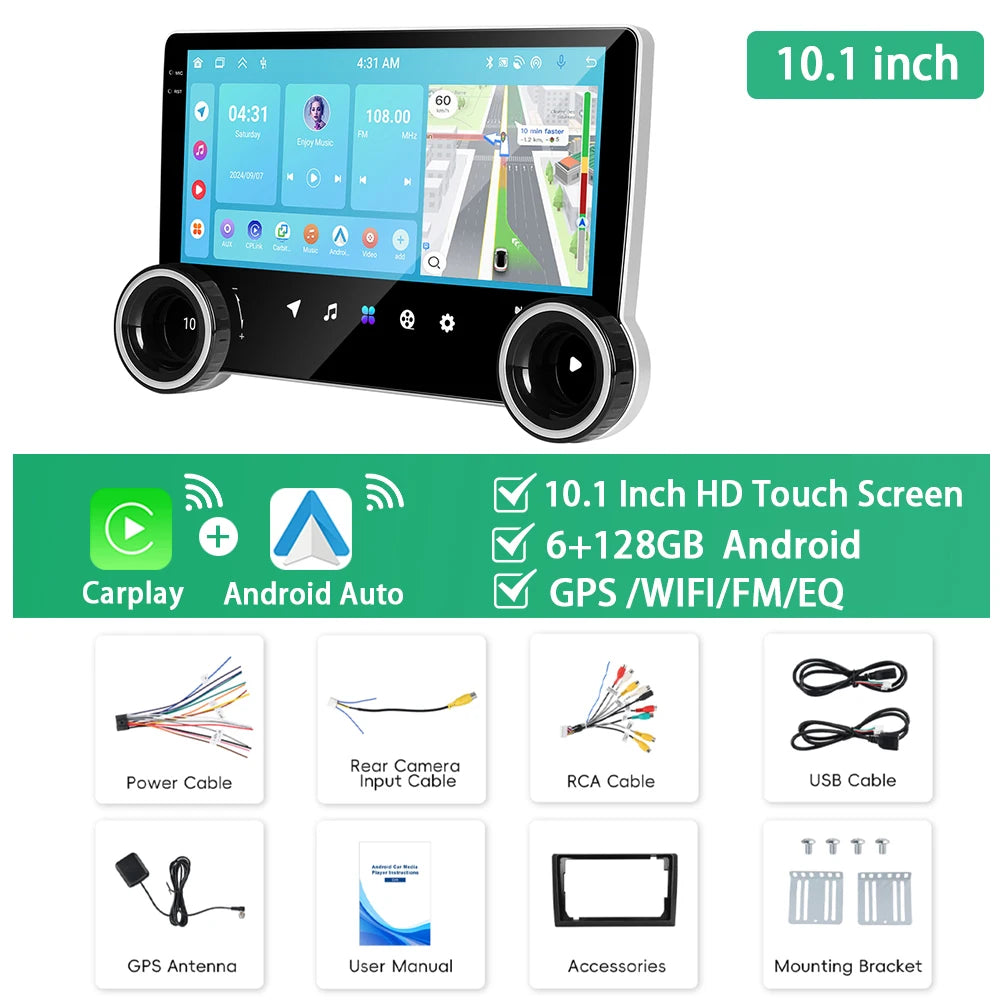 Autoradio 2Din 4+64G/6+128G Quadcore Lettore multimediale da 10,1'' con doppia manopola WIFI Carplay Android Auto Navigazione GPS AUTMUNICXZ