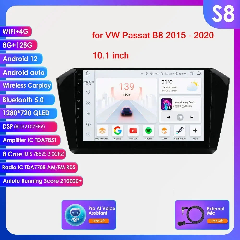 VW Passat B8 2014 -2023 10,1" Android 14 Carplay Android auto wireless wifi bt gps 4g AUTMP6CD
