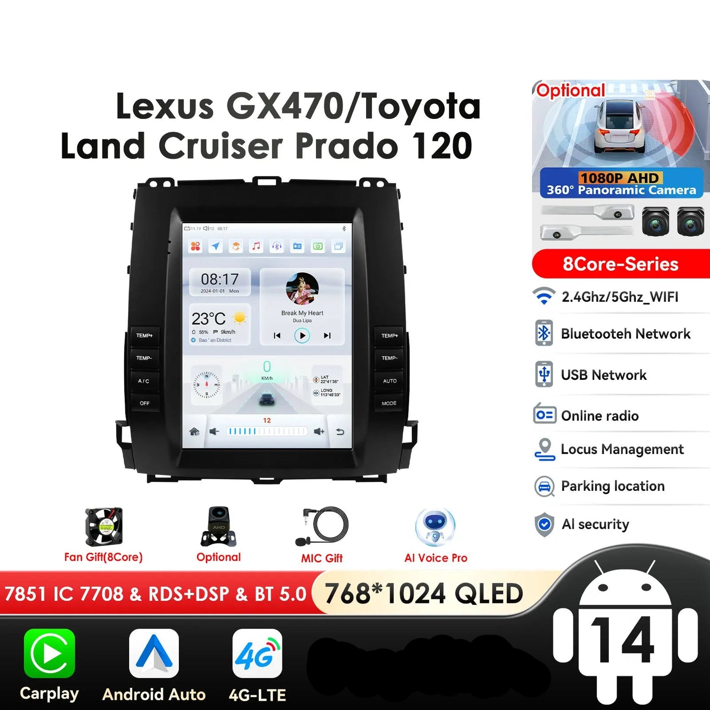 Toyota Land Cruiser Prado 120 2002-2009 Lexus GX470 9,7" Android 14 Carplay Android auto wireless wifi bt gps 4g AUTMWU0F