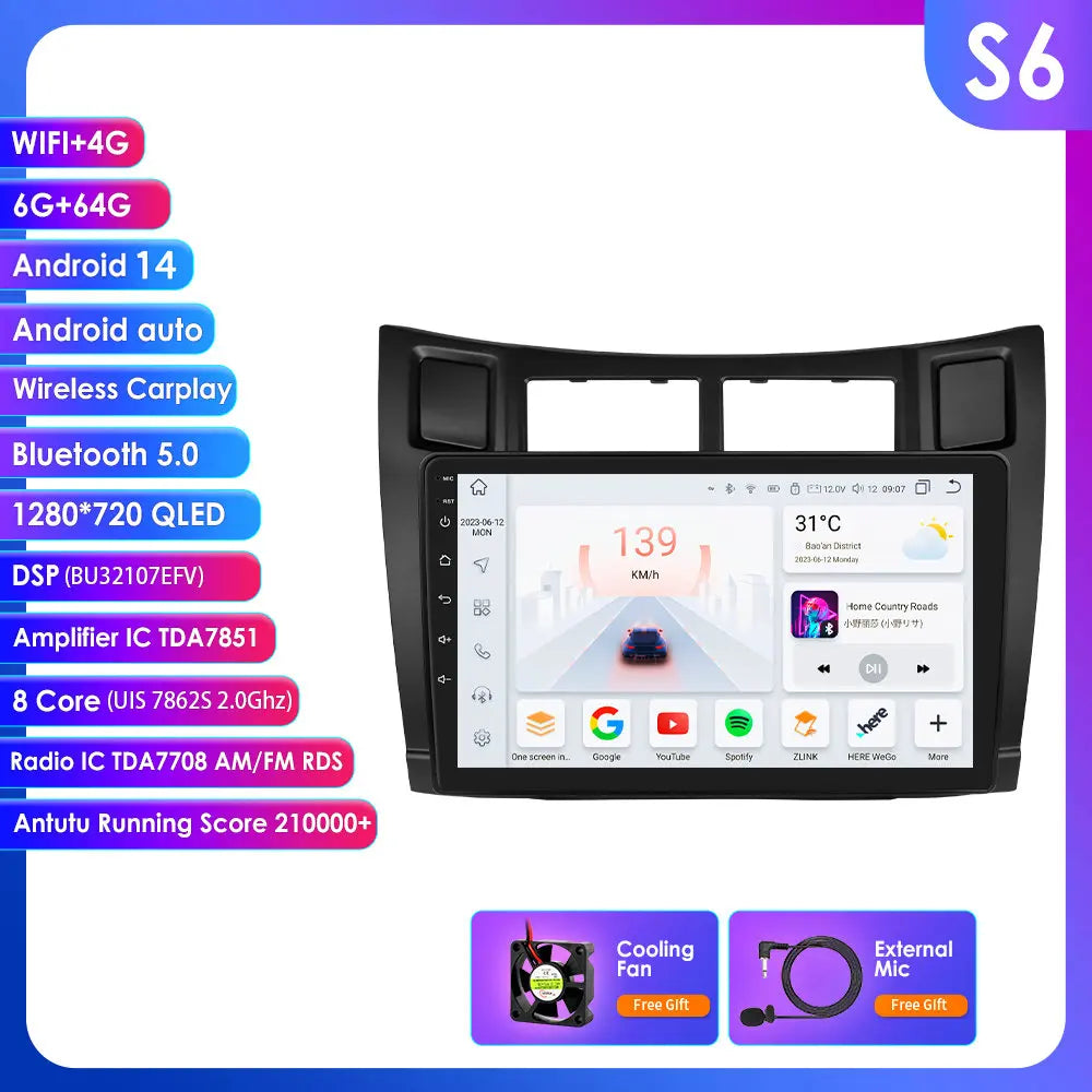 Toyota Yaris 2005-2012 9" Android 14 Carplay Android auto wireless wifi bt gps 4g AUTMT2N6