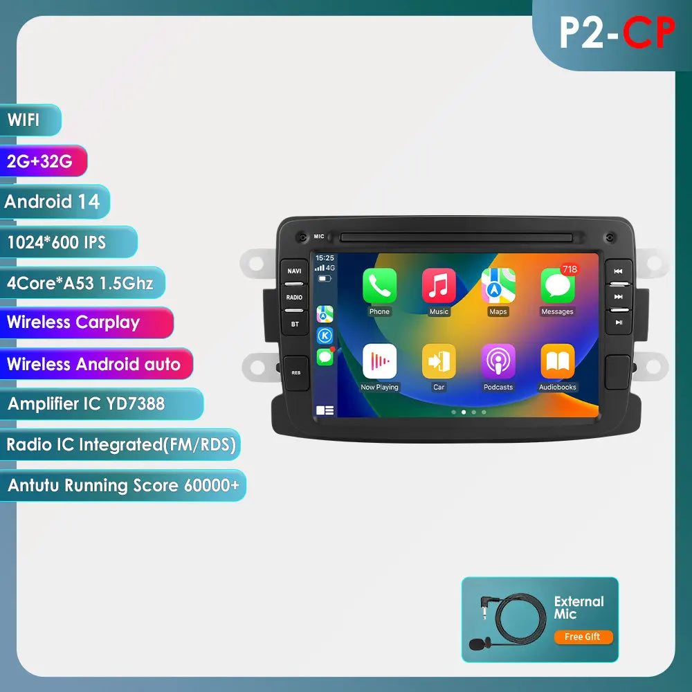 Dacia Logan Dokker Duster Sandero Lodgy Renault Captur 2011-2017 7" Android 14 Carplay Android auto wireless wifi bt gps 4g AUTMSQF6