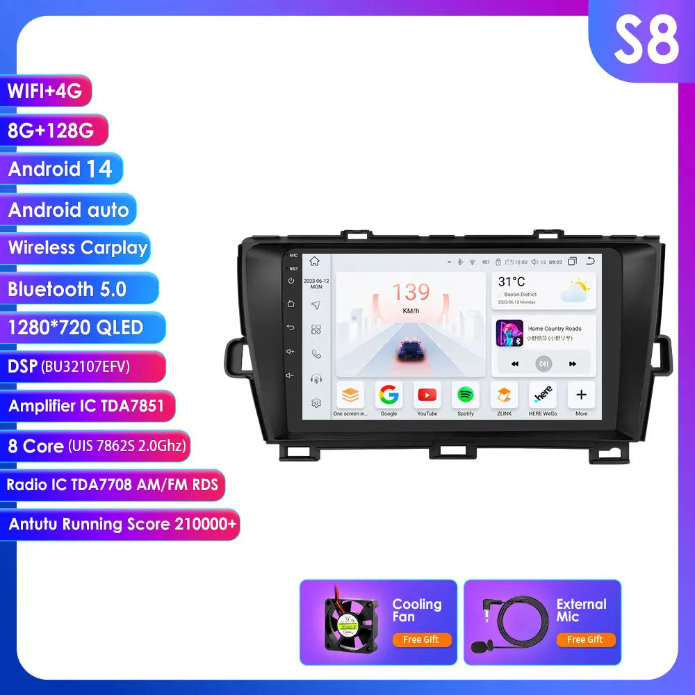 Toyota Prius XW30 2009-2015 9"Android 14 Carplay Android auto wireless wifi bt gps 4g RDS AUTMTAPY