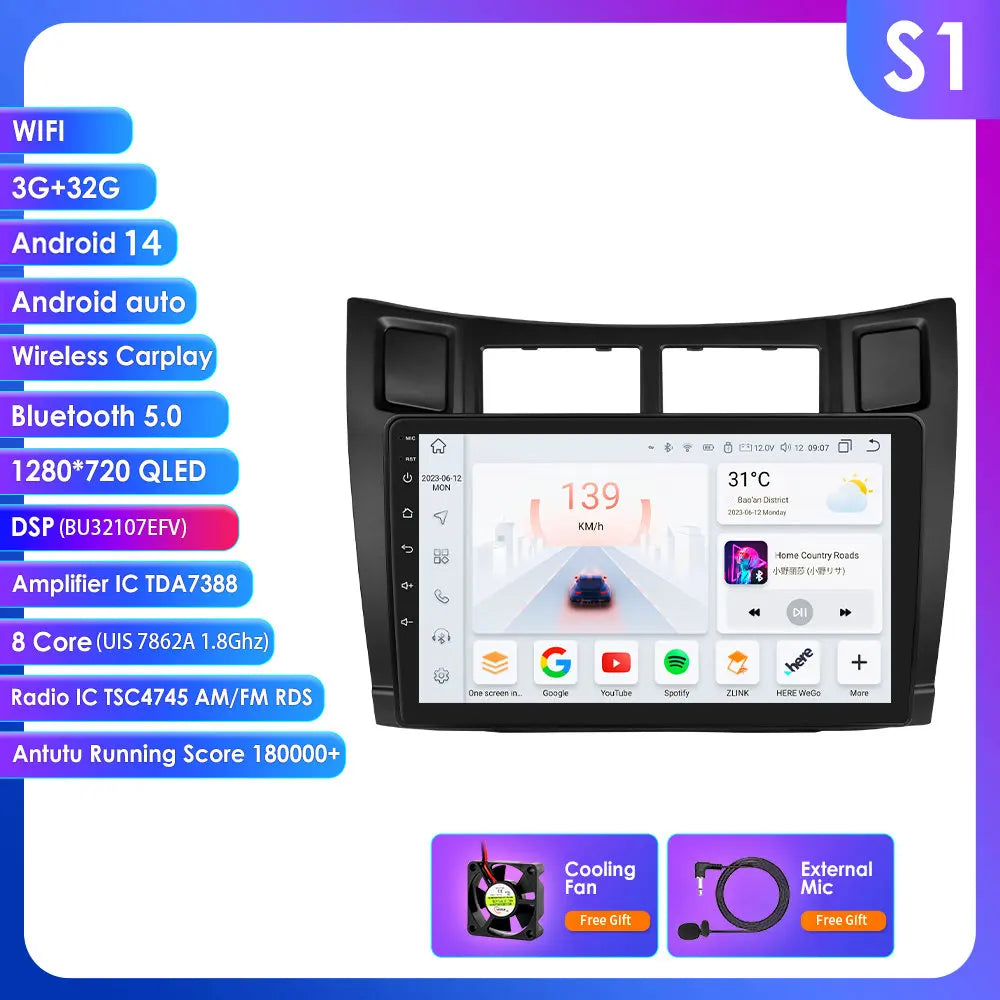 Toyota Yaris 2005-2012 9" Android 14 Carplay Android auto wireless wifi bt gps 4g AUTMT2N6