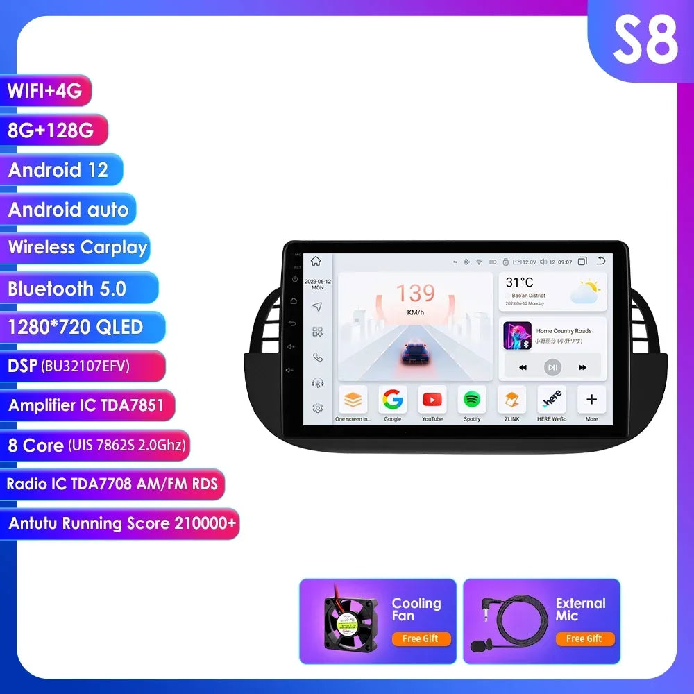 FIAT 500 2007-2015 9" Android 14 Carplay Android auto wireless wifi bt gps 4g AUTMMD9W