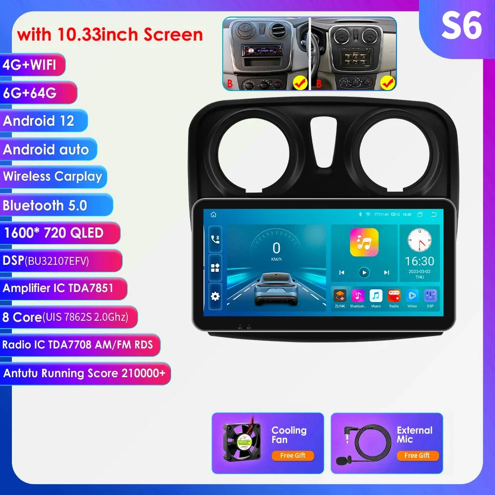Dacia Logan 2 II Sandero 2 2012-2019 9" Android 14 Carplay Android auto wireless wifi bt gps 4g AUTMH2D9