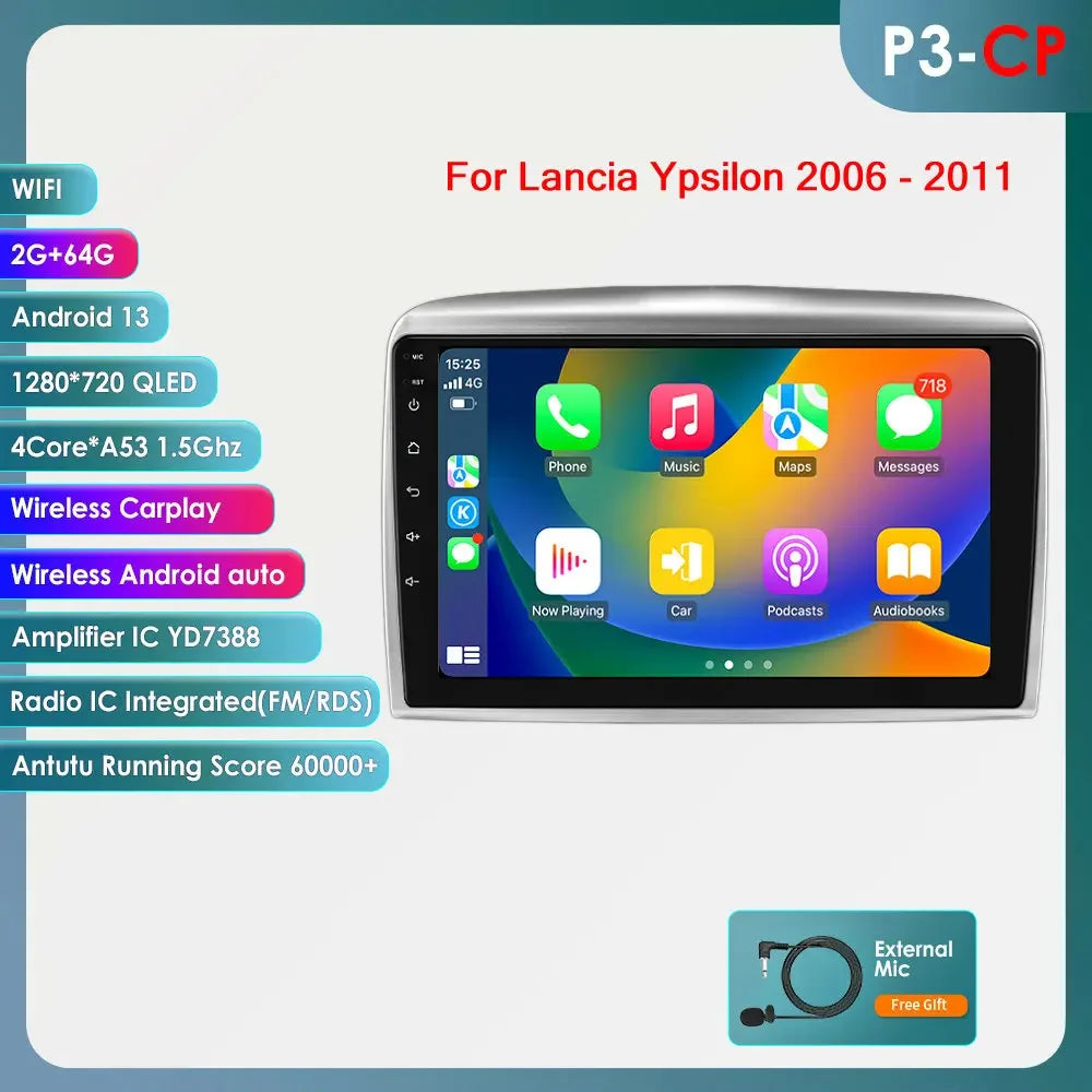 Lancia Ypsilon 2006 - 2011 9" / 10,33" Android 14 Carplay Android auto wireless wifi bt gps 4g AUTMNYFZ