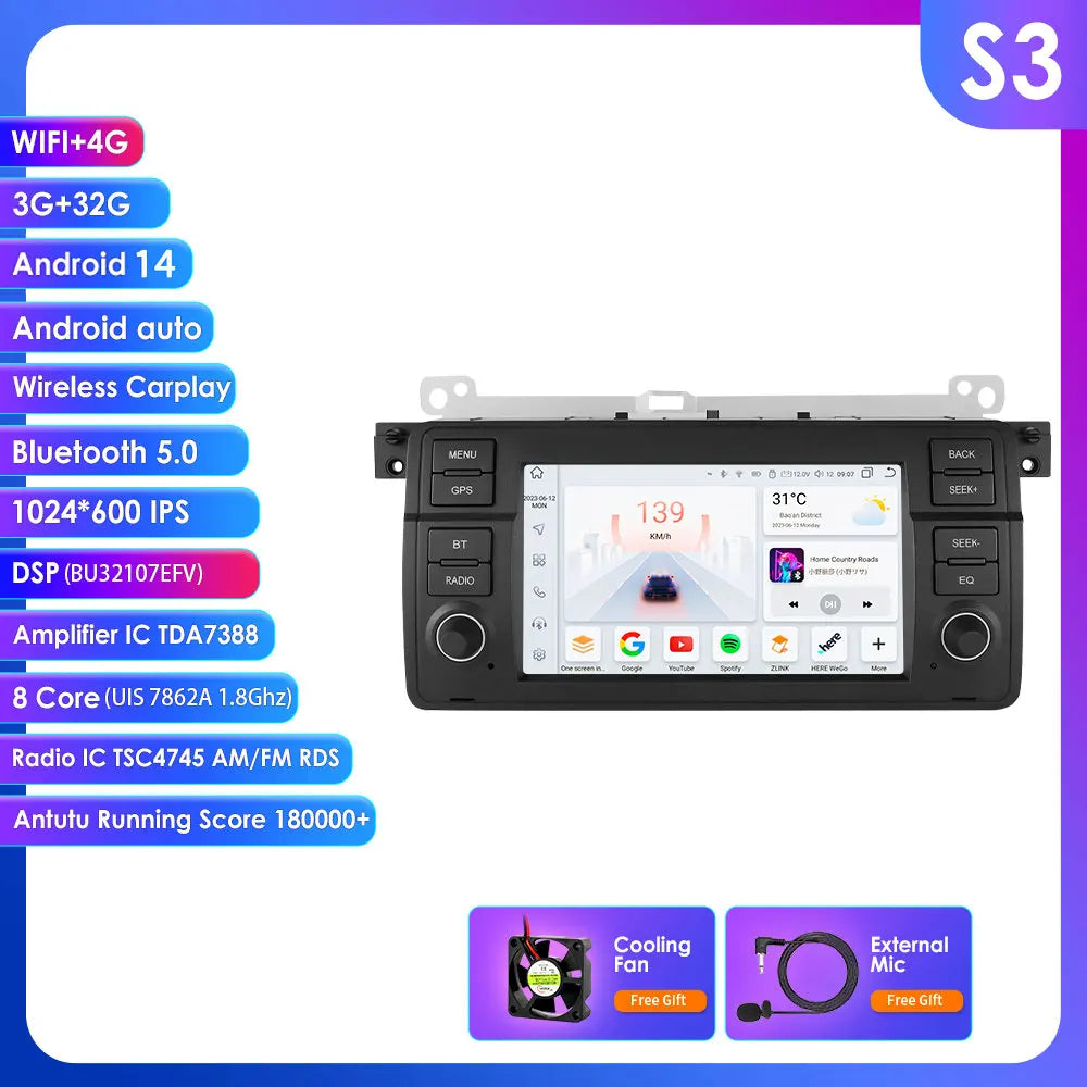 BMW E46 M3 Rover 75 Coupe 318/320/325/330/335 7" Android 14 Carplay Android auto wireless wifi bt gps 4g AUTMV3CK