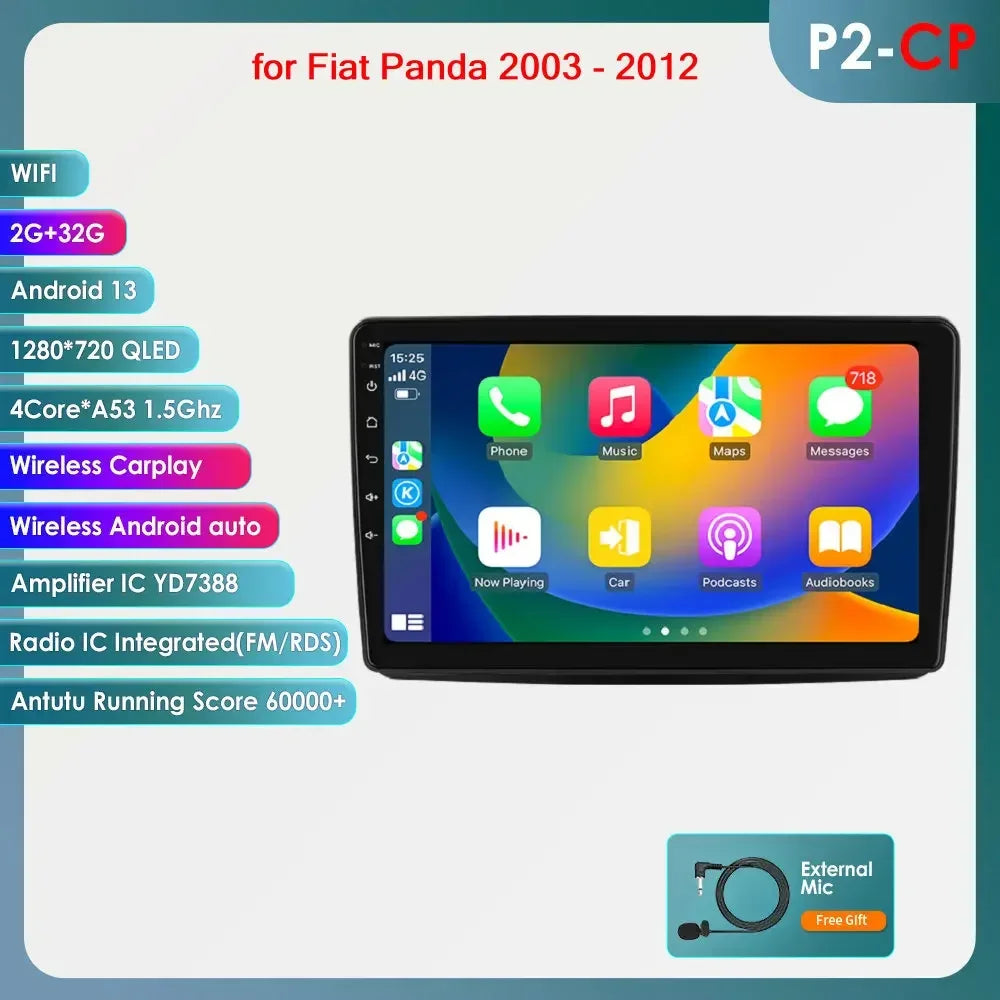 Fiat Panda 2003 - 2012 9" Android 14 Carplay Android auto wireless wifi bt gps 4g AUTMWUM9
