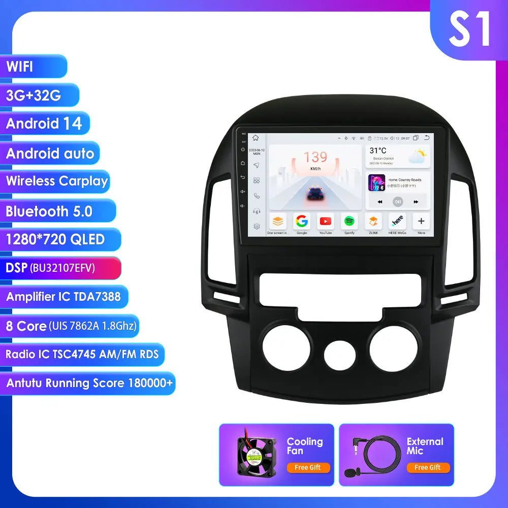 Hyundai I30 2006-2011 9" / 10,33" Android 14 Carplay Android auto wireless wifi bt gps 4g AUTMQS31