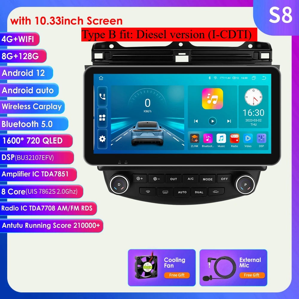 Honda Accord 7 2003 - 2007 9" Android 14 Carplay Android auto wireless wifi bt gps 4g AUTMDROH
