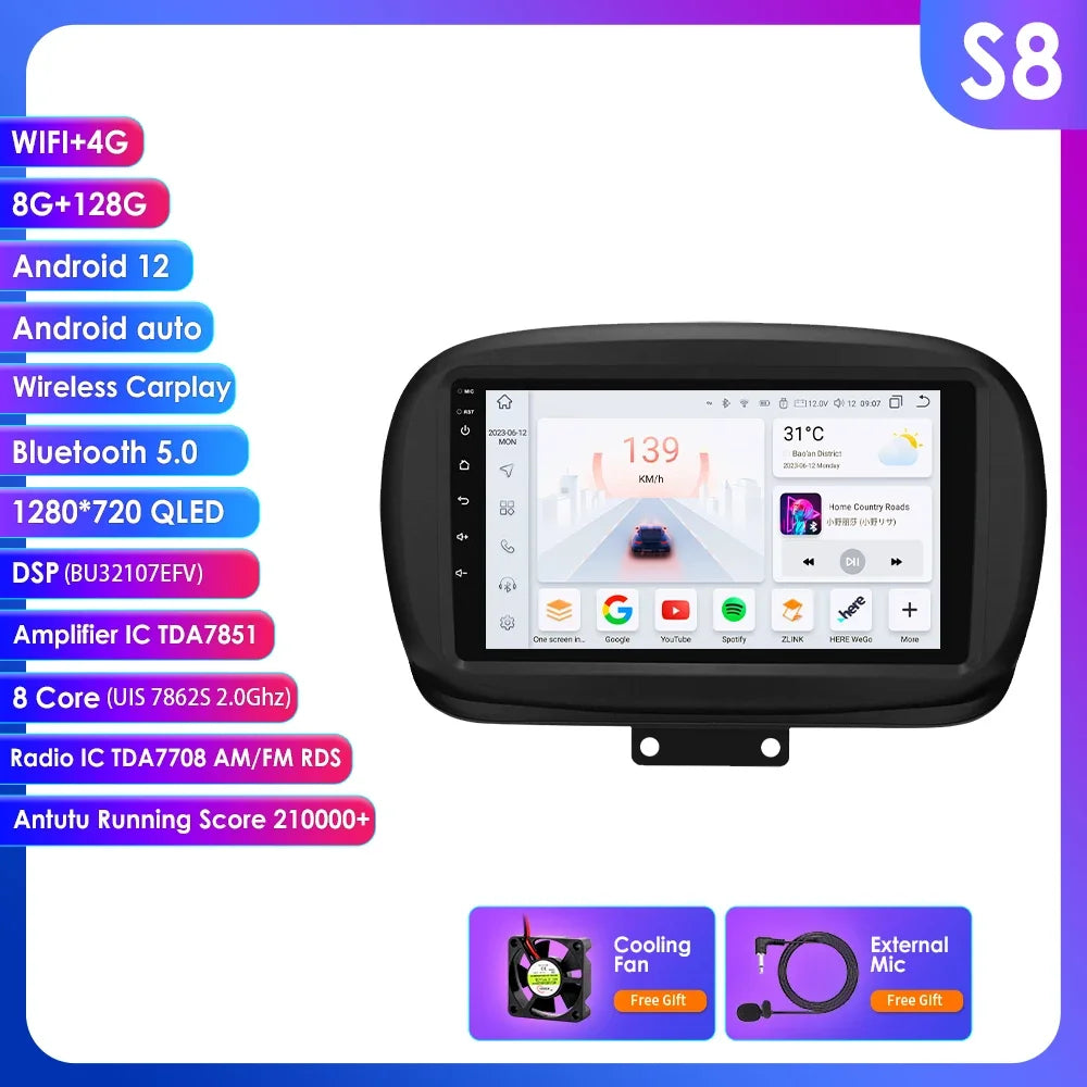FIAT 500X 2014-2020 9" Android 14 Carplay Android auto wireless wifi bt gps 4g AUTMXDQZ