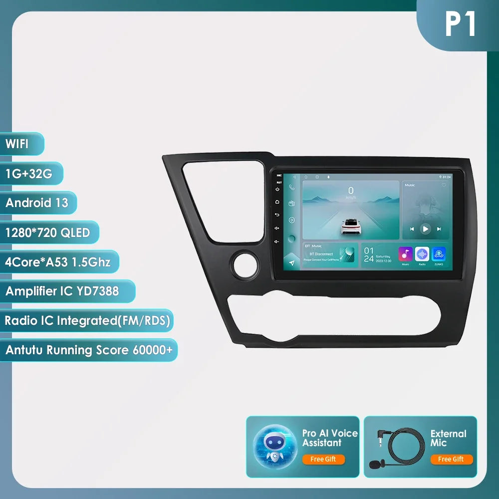 Honda Civic 2013-2016 9" Android 14 Carplay Android auto wireless wifi bt gps 4g AUTMCTVR7