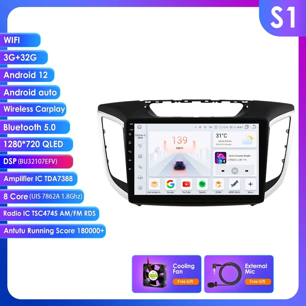 Hyundai Creta Ix25 2015 - 2019 10,1" Android 14 Carplay Android auto wireless wifi bt gps 4g AUTM4S9U