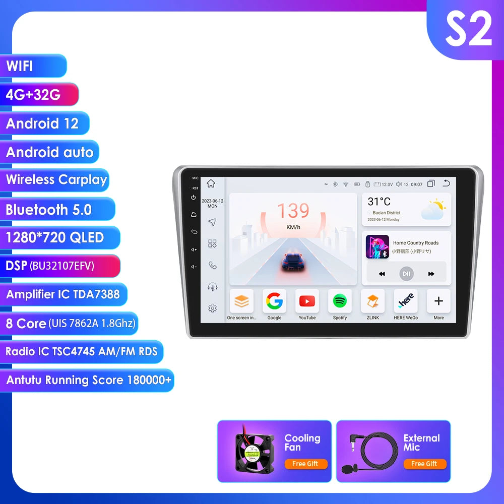 Toyota Avensis T25 2002- 2008 9" Android 14 Carplay Android auto wireless wifi bt gps 4g AUTM01HZ