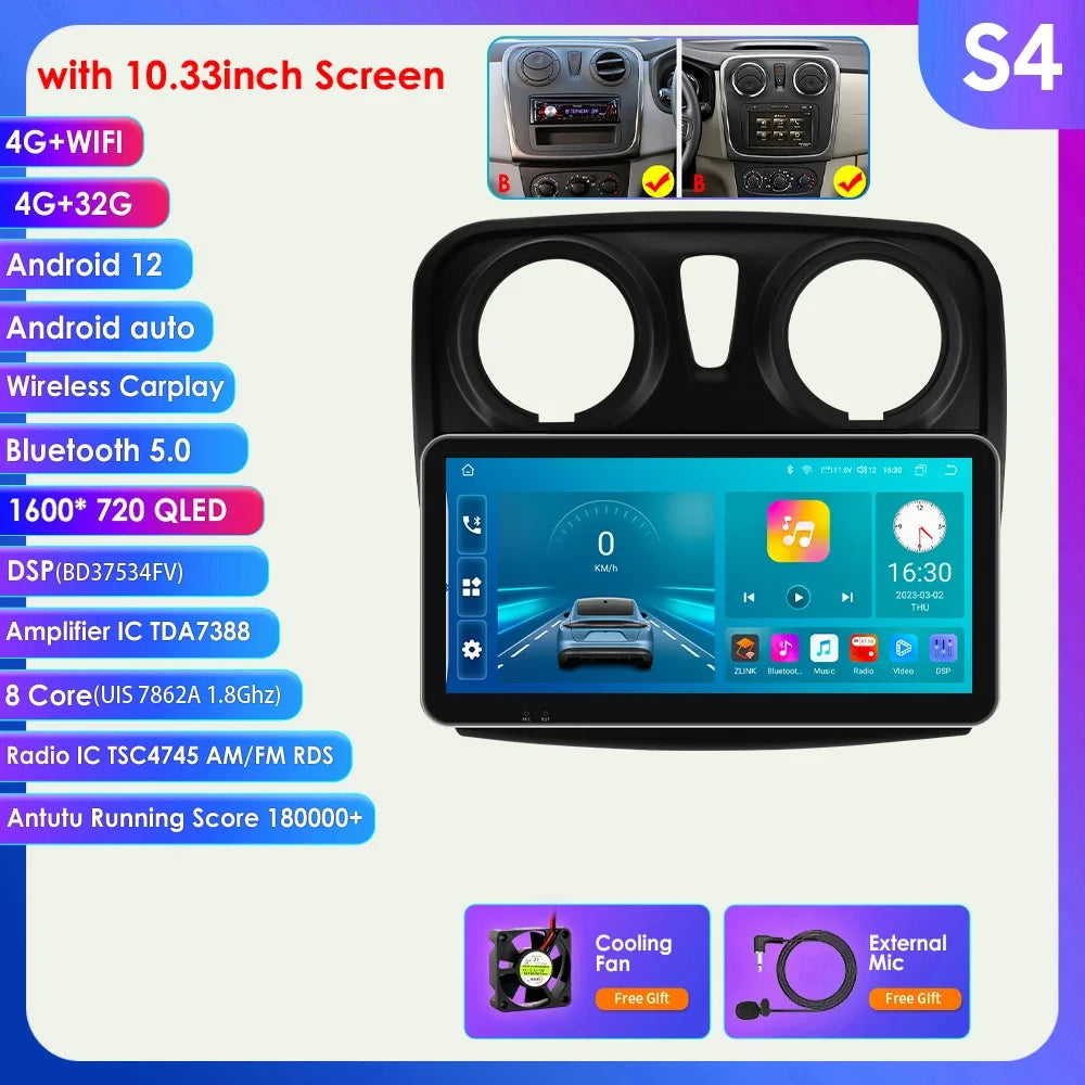 Dacia Logan 2 II Sandero 2 2012-2019 9" Android 14 Carplay Android auto wireless wifi bt gps 4g AUTMH2D9