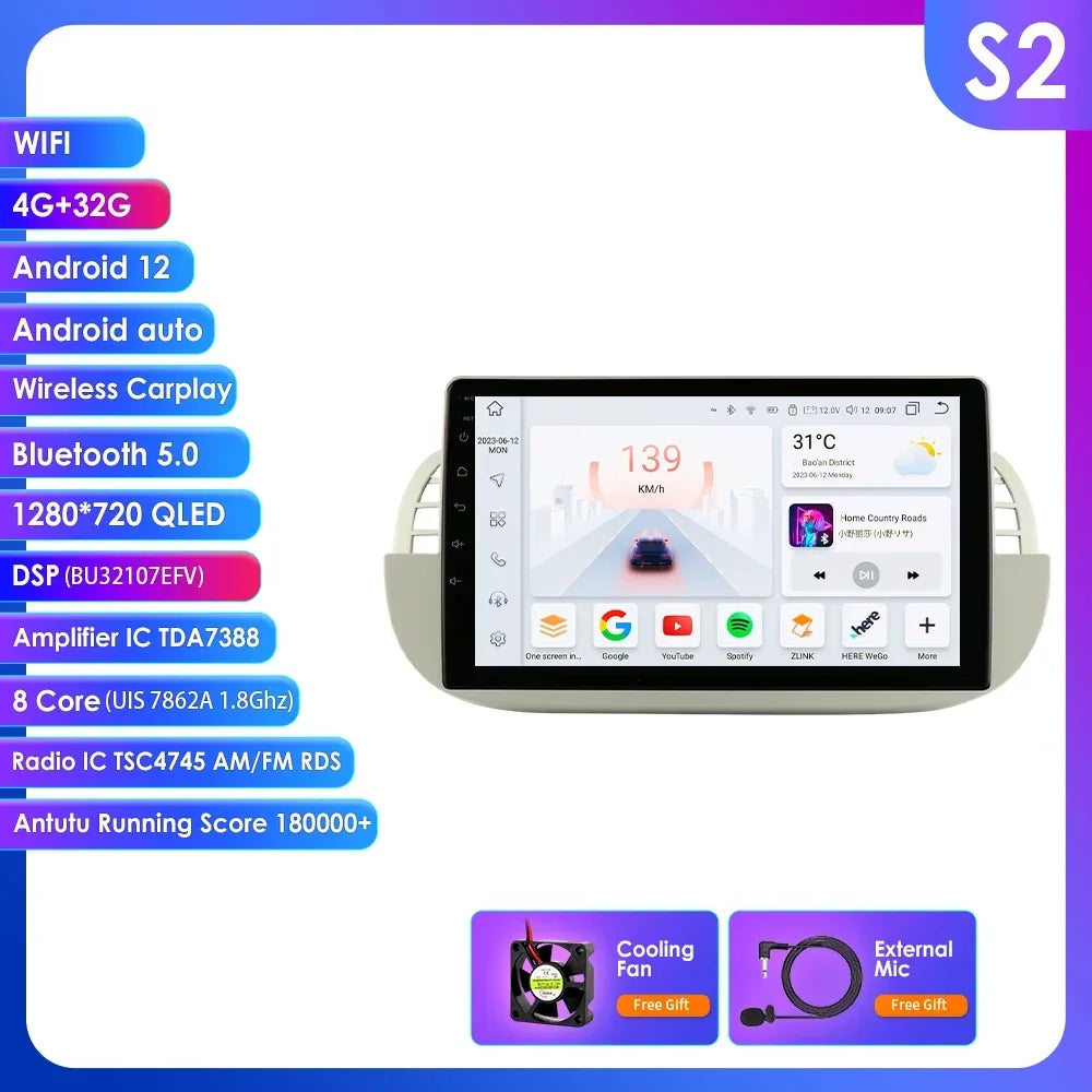 FIAT 500 2007-2015 9" Android 14 Carplay Android auto wireless wifi bt gps 4g AUTMMD9W