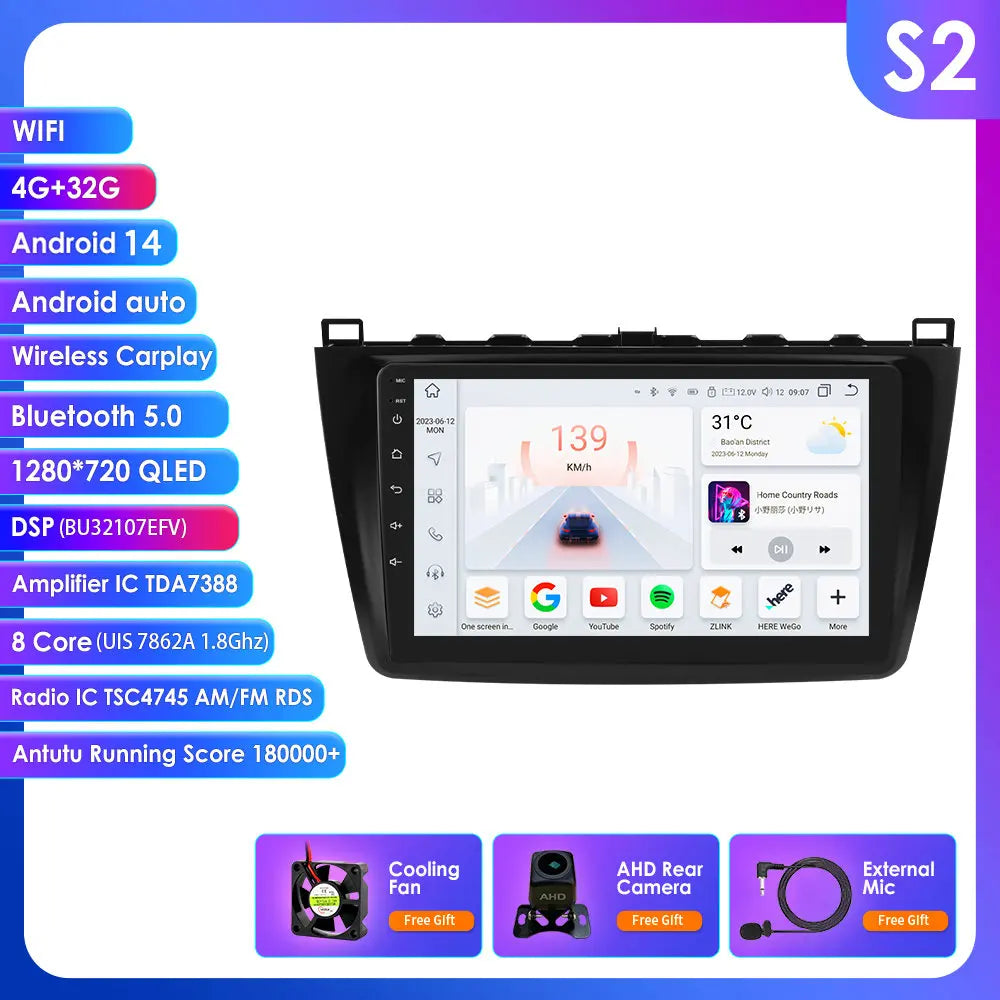 Mazda 6 2007 - 2012 9" Android 14 Carplay Android auto wireless wifi bt gps 4g AUTMJSBD