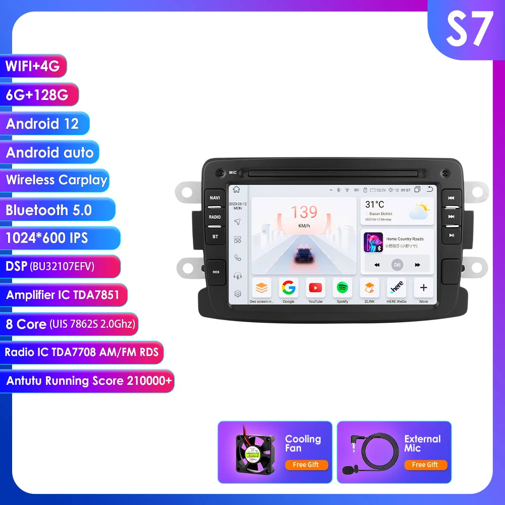 Dacia Logan Dokker Duster Sandero Lodgy Renault Captur 2011-2017 7" Android 14 Carplay Android auto wireless wifi bt gps 4g AUTMSQF6